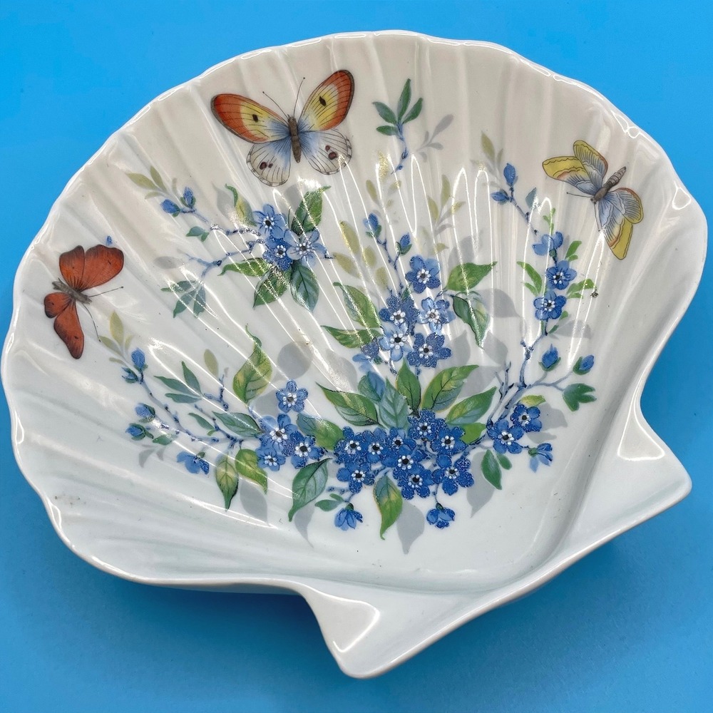 Vtg Limoges Porcelain Shell Trinket Dish Blue Floral Butterfly Scalloped France